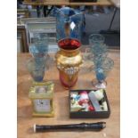 SUNDRY LOT INCLUDING BLUE GLASS LEMONADE SET, GILDED VASE, CARRIAGE CLOCK, RECORDER ETC.