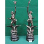 PAIR OF FRENCH SPELTER FIGURES ON EBONISED STANDS- LE JOUR AND LA NUIT,