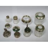 PARCEL OF VARIOUS SILVER TOPPED GLASS DRESSING JARS,