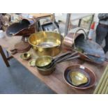 LARGE QUANTITY OF COPPER AND BRASS INCLUDING JAM PAN, TWO COAL SCUTTLES, BELLOWS ETC.