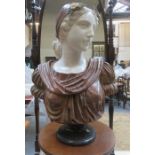 DECORATIVE WHITE AND BROWN MARBLE BUST OF A FEMALE,