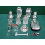 SUNDRY LOT INCLUDING SILVER TOPPED VASES, SILVER NAPKIN RINGS, SHAKERS, SCENT BOTTLES, ETC.