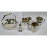 MIXED LOT OF SILVER INCLUDING OCTAGONAL BASKET, MILK JUG, CHRISTENING MUG AND PEPPERETTE, ETC.