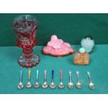 SUNDRY LOT INCLUDING RED OVERLAID GLASS VASE, BUDDHA, PERFUME BOTTLE,