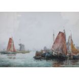 JOHN E AITKEN, FRAMED WATERCOLOUR DEPICTING BARGES IN A HARBOUR SCENE,