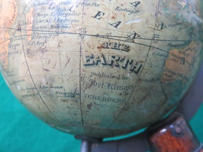 19th CENTURY TERRESTRIAL GLOBE BY C ABEL-KLINGER, ON MAHOGANY STAND WITH METAL SUPPORT, - Image 2 of 2