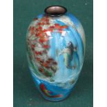 JAPANESE CLOISONNE VASE DECORATED WITH FISH, POSSIBLY ON SILVER,