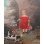 18th CENTURY ENGLISH SCHOOL OIL ON CANVAS DEPICTING A YOUNG BOY DRESSED AS A GIRL WITH SPANIEL,