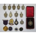 QUANTITY OF VARIOUS ENAMELLED AND OTHER SPORTS FOBS, WI BADGE AND JUBILEE MEDAL, ETC.