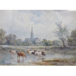 H EARP SNR, FRAMED WATERCOLOUR DEPICTING SALISBURY CATHEDRAL,