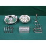 MIXED LOT INCLUDING SILVER BOWL, TOAST RACK, HINGED BOX, VASE AND HOLDER,