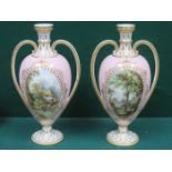 PAIR OF DAVENPORT HANDPAINTED AND GILDED TWO HANDLED VASES,