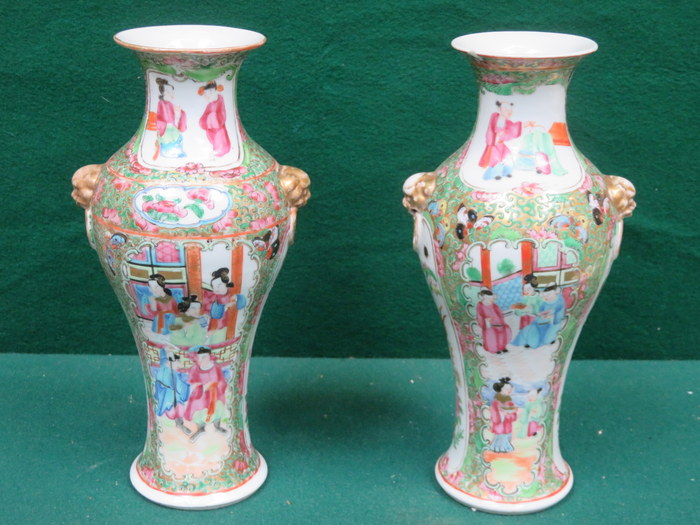 PAIR OF CANTONESE CERAMIC VASES, HANDPAINTED WITH FLORAL DECORATION AND ORIENTAL FIGURES (AT FAULT),