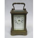 MINIATURE BRASS AND GLASS CARRIAGE CLOCK,