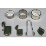 MIXED LOT INCLUDING TWO VESTA CASES, NAPKIN RING, SUGAR TONG, FOB,