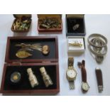 MIXED LOT OF COSTUME JEWELLERY, INCLUDING CAMEO BROOCH, CUFFLINKS, 9ct GOLD BAR BROOCH, PROOF COIN,