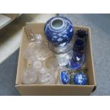 BOX OF GLASSWARE AND HUMOUS STYLE BLUE AND WHITE GINGER JAR, ETC.