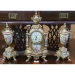 GILT METAL FRENCH STYLE CLOCK AND GARNITURE SET WITH HANDPAINTED CERAMIC PANELS