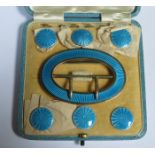 CASED HALLMARKED SILVER AND BLUE ENAMELLED BELT BUCKLE PLUS BUTTON SET,