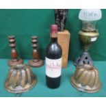 MIXED LOT OF SUNDRIES INCLUDING OIL LAMP, CLOISONNE VASE, JELLY MOULDS,