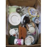 BOX OF PART DOULTON AND OTHER DINNERWARE PLUS OTHER SUNDRIES