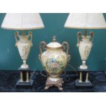 PAIR OF DECORATIVE TABLE LAMPS PLUS GILDED VASE WITH COVER