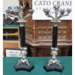 PAIR OF MODERN CHROME AND EBONISED FIVE SCONCE CANDELABRA