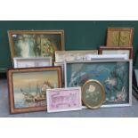 JOB LOT OF VARIOUS PICTURES AND PRINTS, OIL PAINTINGS AND EMBROIDERIES, ETC.
