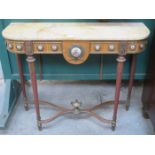 FRENCH STYLE GILDED MARBLE TOPPED HALL TABLE WITH CERAMIC PANELS
