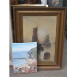 MONTGOMERY ANGLE FRAMED OIL ON CANVAS DEPICTING SAILING BARGES + OIL ON CANVAS DEPICTING A BAY