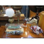 SUNDRY LOT INCLUDING OIL LAMP, GLASSWARE, MODEL SHIP AND CLOCK, ETC.