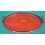 TWO HANDLED MAHOGANY SHELL INLAID OVAL BUTLER'S TRAY