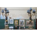 PAIR OF REPRODUCTION FOUR SCONCE GILDED BLACKAMOOR FIGURE FORM TABLE LAMPS,