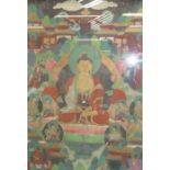 FRAMED ORIENTAL STYLE PAINTING ON SILK DEPICTING TEMPLE SCENES WITH BUDDHA