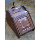 MAHOGANY COAL SCUTTLE WITH BRASS MOUNT HANDLE AND SCOOP