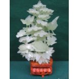 HEAVILY CARVED ORIENTAL STYLE JADE COLOURED TREE FORM FIGURE WITH MYTHICAL BIRDS ON WOODEN STAND,