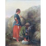 FRAMED OIL ON CANVAS DEPICTING A YOUNG WOMAN AND CHILD FETCHING WATER,