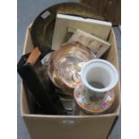 SUNDRY LOT OF CERAMICS, PLATEDWARE, BRASS AND RECORDER, ETC.