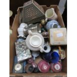 SUNDRY LOT OF CERAMICS AND GLASS STORAGE BOX, ENAMELLED EGGS, ETC.