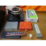 SUNDRY LOT INCLUDING LACQUERED BOX, CHINESE SEAL STAMPS AND VINTAGE PENS, ETC.