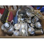 BOX LOT OF PLATEDWARE, FLATWARE AND STAINLESS STEEL, ETC.