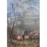 JOHN LANGSTAFFE, FRAMED OIL ON CANVAS DEPICTING A SCOTTISH LANDSCAPE WITH FIGURES AT CRAIG DHU,