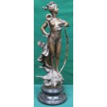 BRONZE EFFECT FIGURE DEPICTING A FEMALE HUNTER WITH KILL ON MARBLE STAND, SIGNED CB AIBERT,