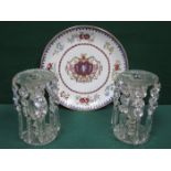 PAIR OF DECORATIVE GLASS LUSTRES WITH DROPLETS PLUS GILDED AND HANDPAINTED CERAMIC PLATE