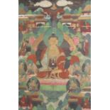 FRAMED ORIENTAL STYLE PAINTING ON SILK DEPICTING TEMPLE SCENES WITH BUDDHA