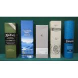 FIVE VARIOUS UNOPENED BOTTLES OF WHISKY INCLUDING TALISKER SKYE, GLEN KINCHIE, ARDBEG,