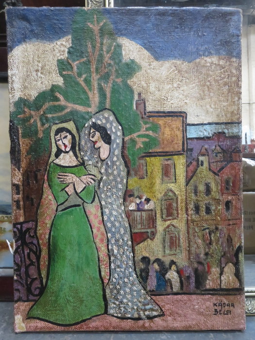 UNFRAMED OIL ON CANVAS DEPICTING TWO WOMEN WITHIN A STREET SCENE,