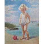 LARGE GILT FRAMED OIL ON CANVAS DEPICTING A YOUNG GIRL AT THE BEACH,