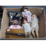 TWO ANTIQUE DOLLS FOR RESTORATION, VARIOUS CERAMIC PLATES, CASED FLATWARE, ETC.