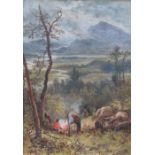 JOHN LANGSTAFFE, FRAMED OIL ON CANVAS DEPICTING A SCOTTISH LANDSCAPE WITH FIGURES AT CRAIG DHU,